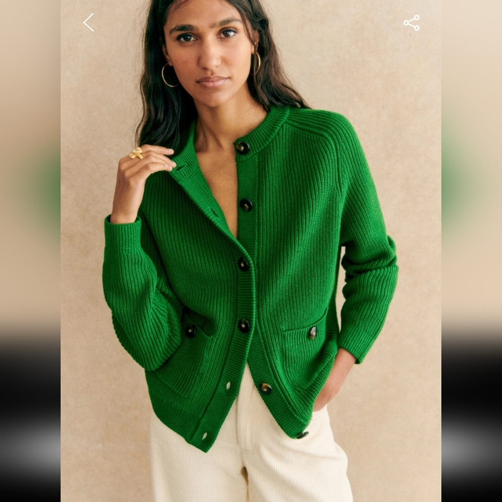 Sezane Green Merino Wool/Organic Cotton Madeline Cardigan